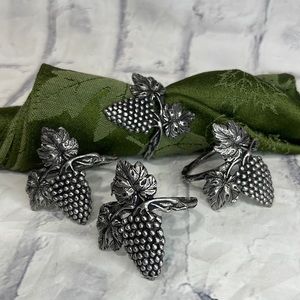Pewter Napkin Rings Set of 4 Stamped Goddess Grape Vine Leaf Made in Thailand